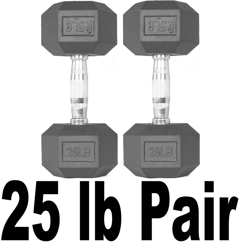Pair of 25 lb Black Rubber Coated Hex Dumbbells S264531