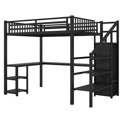 Queen Size Black Metal Loft Bed with Desk and Wardrobe O7948