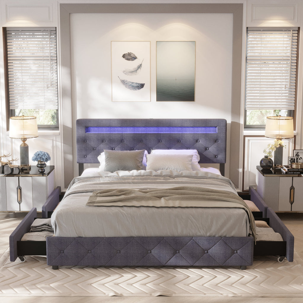 Full Size Upholstered Platform Bed Frame with LED Light Headboard N672