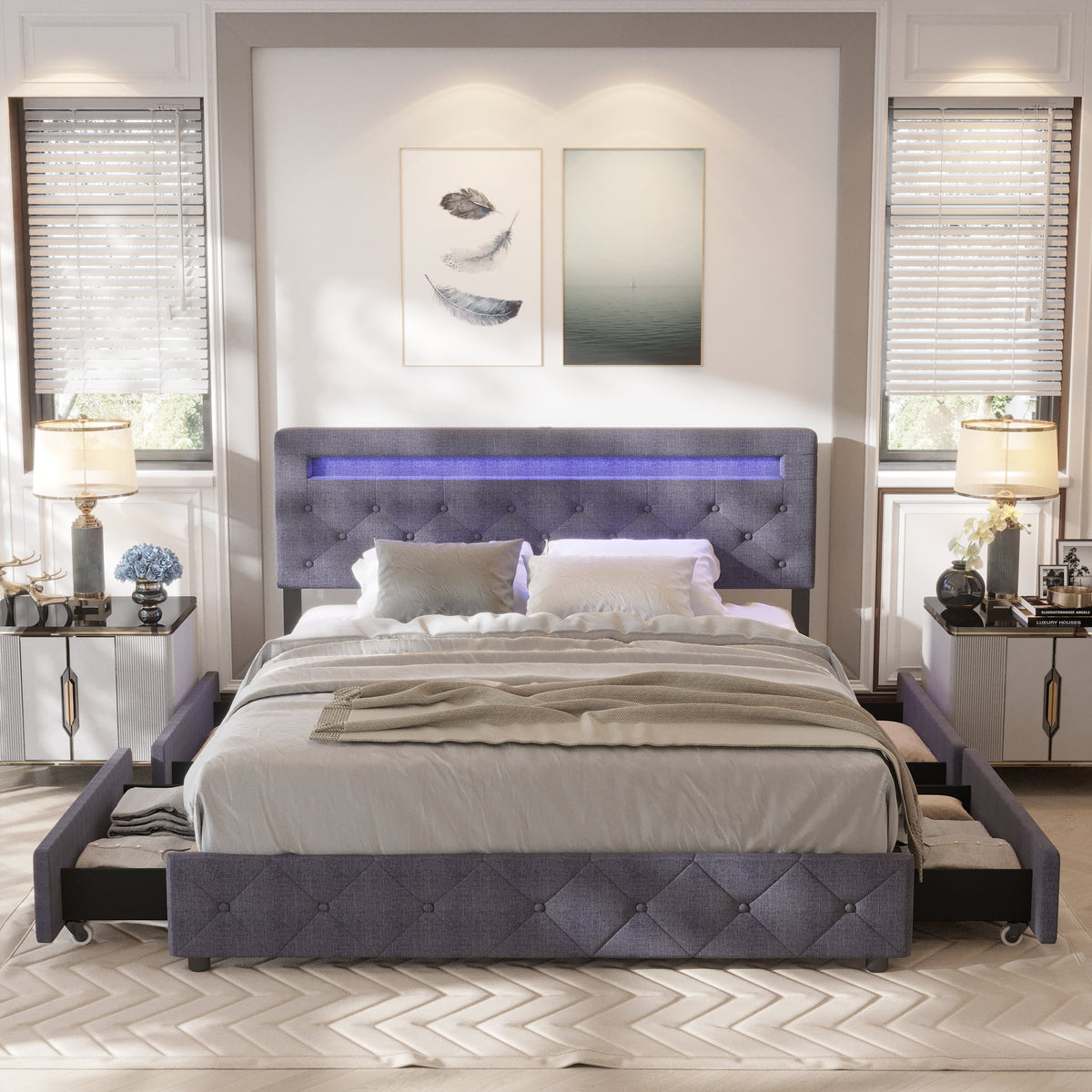 Full Size Upholstered Platform Bed Frame with LED Light Headboard N672