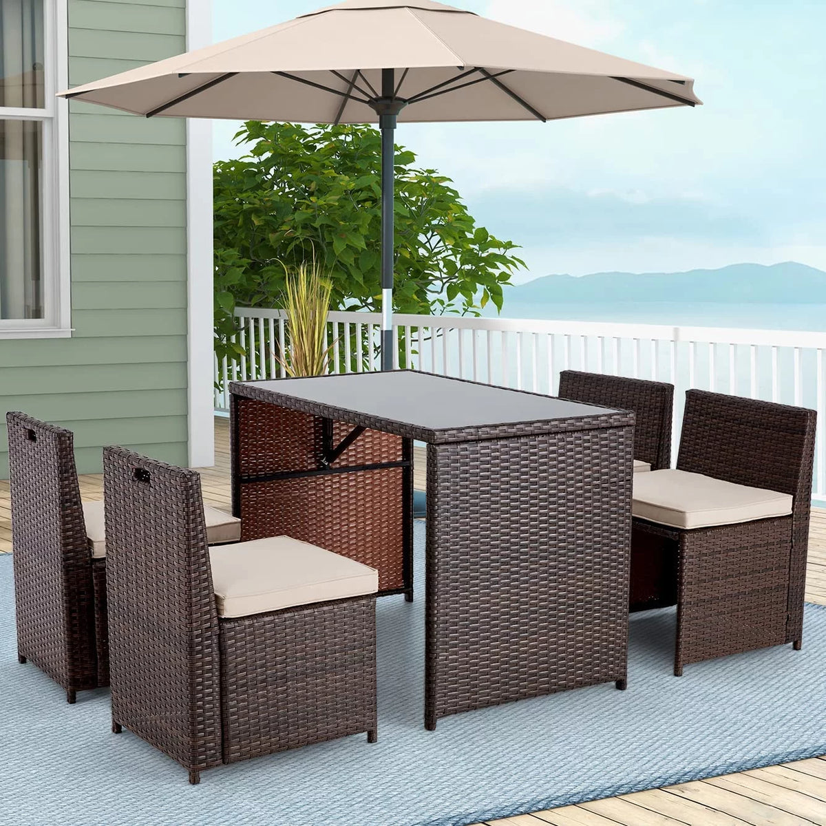 5 Pieces Patio Dining Set Rattan Chairs Glass Table B972