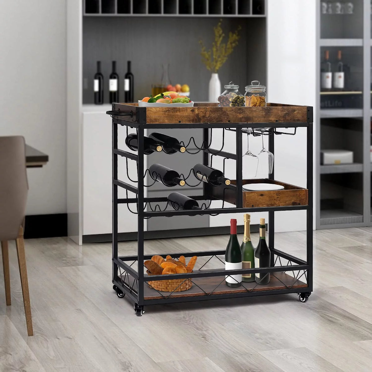 Rustic Brown Bar Cart with Wine Rack X56065