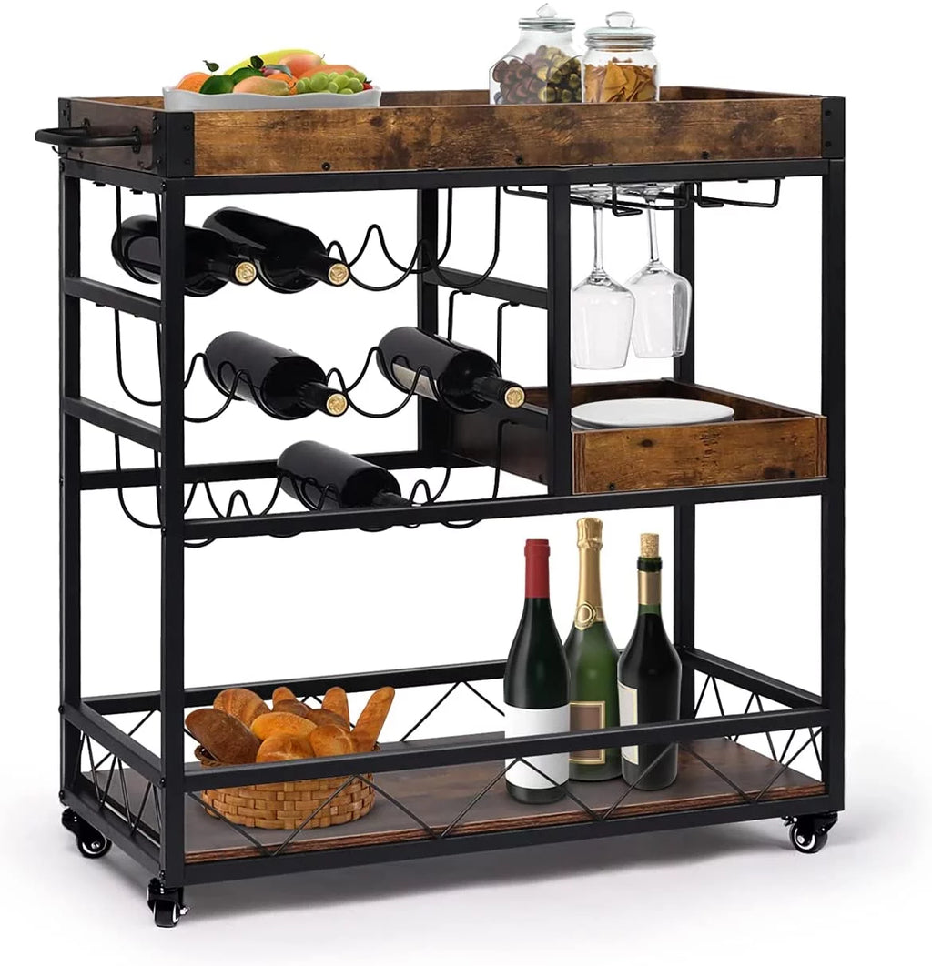 Rustic Brown Bar Cart with Wine Rack X56065