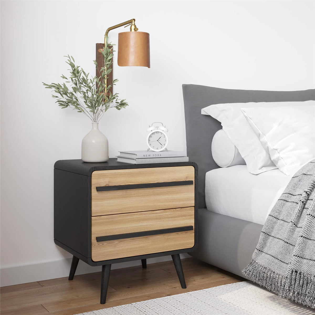 Black and Oak 2 Drawer Nightstand X4993