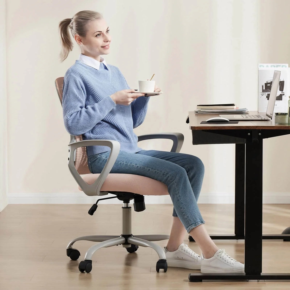 Pink Ergonomic Mesh Office Chair with Lumbar Support and Arms N126