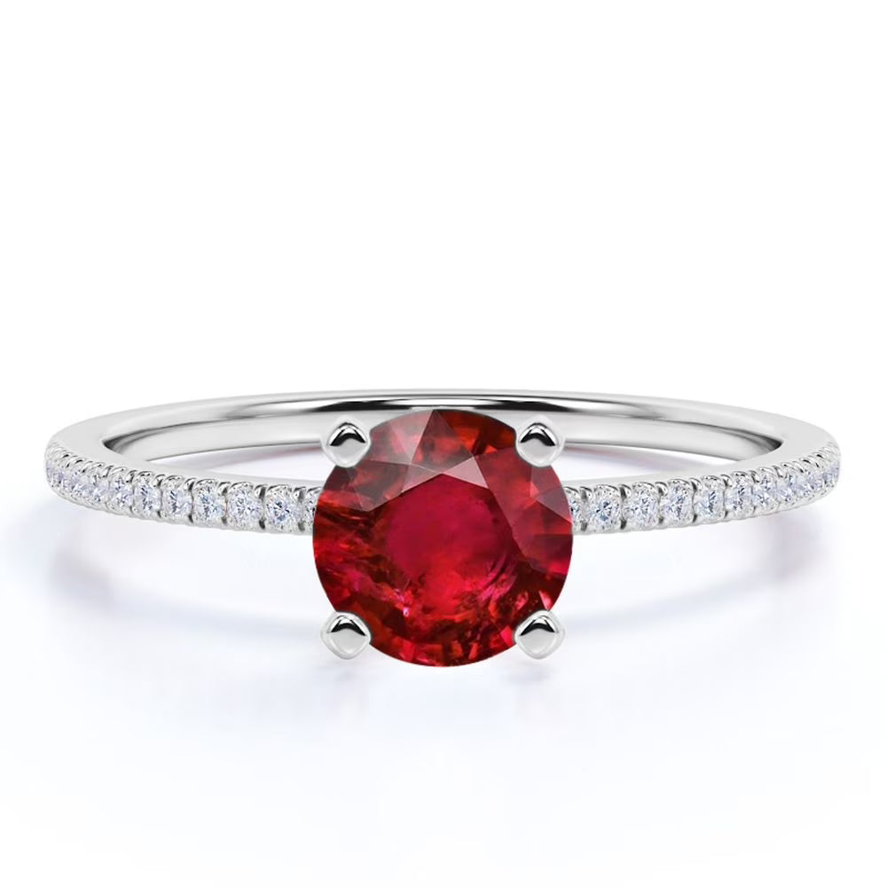 1 Carat Round Cut Simulated Ruby Engagement Ring in 18k White Gold over Silver G285