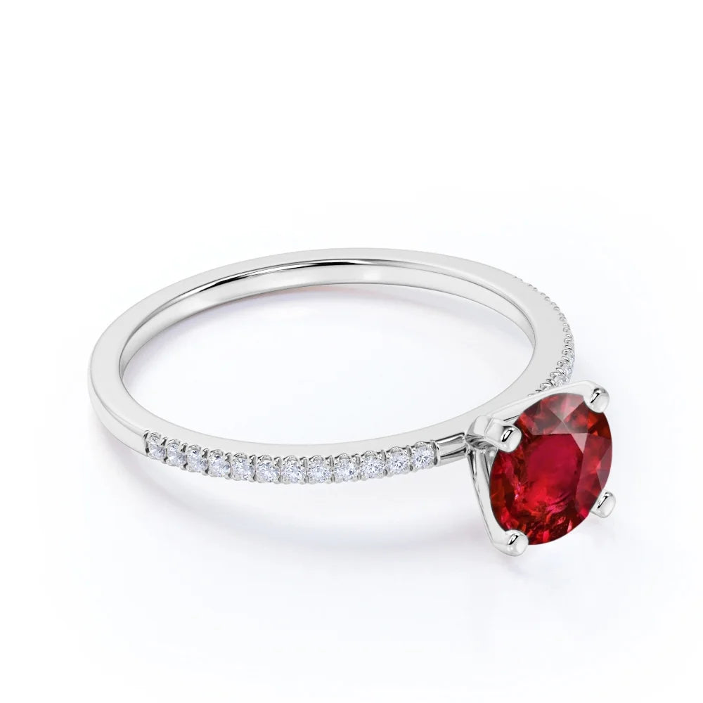 1 Carat Round Cut Simulated Ruby Engagement Ring in 18k White Gold over Silver G285