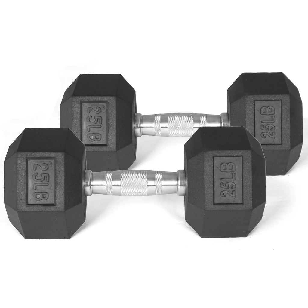 Pair of 25 lb Black Rubber Coated Hex Dumbbells S264531