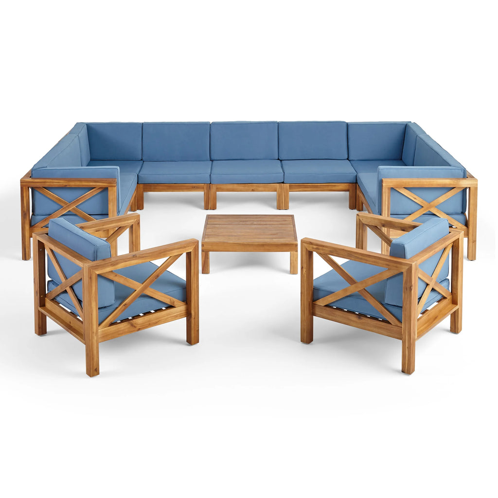 Blue and Brown Outdoor Patio Sectional Sofa with Club Chair Set W16054