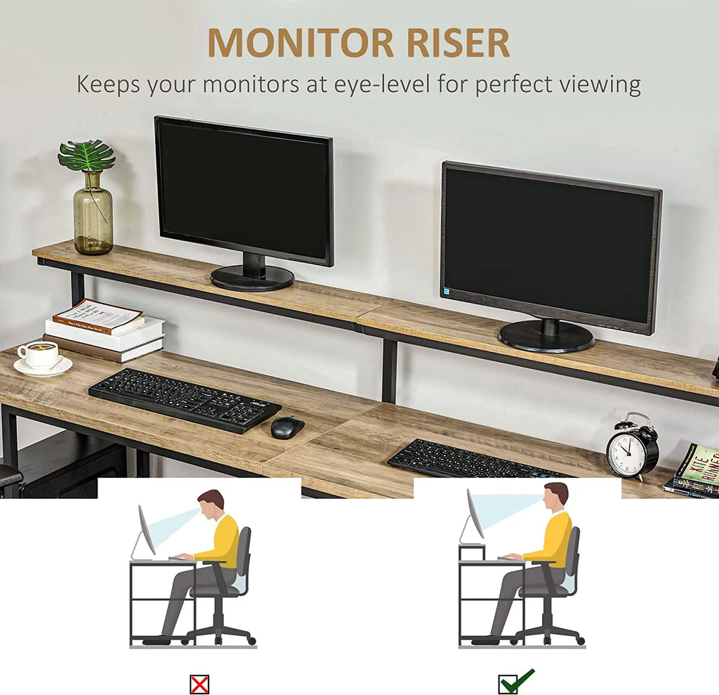 Brown Double Computer Desk with Monitor and CPU Stand R70374