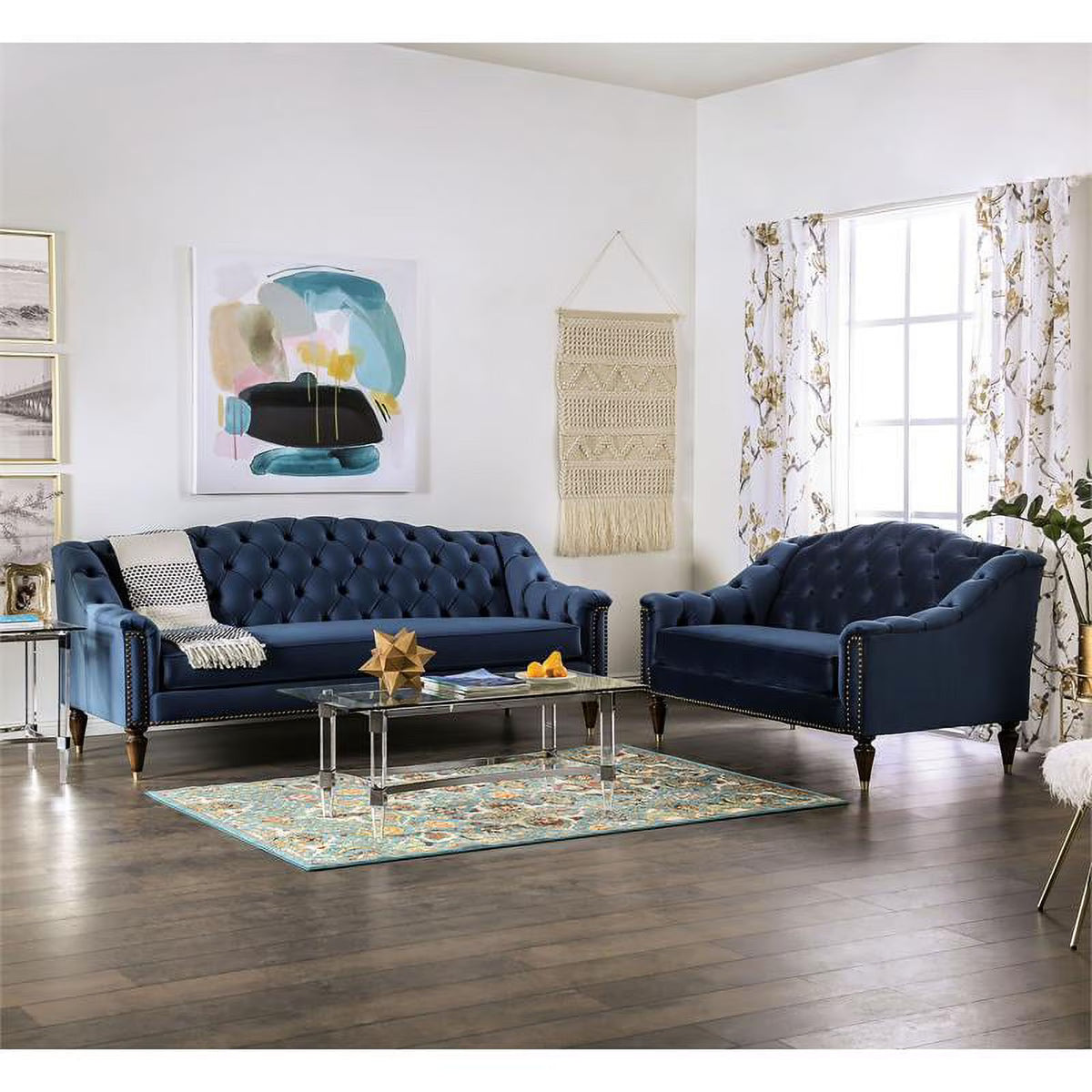Blue Fabric Tufted 2-Piece Sofa Set D458