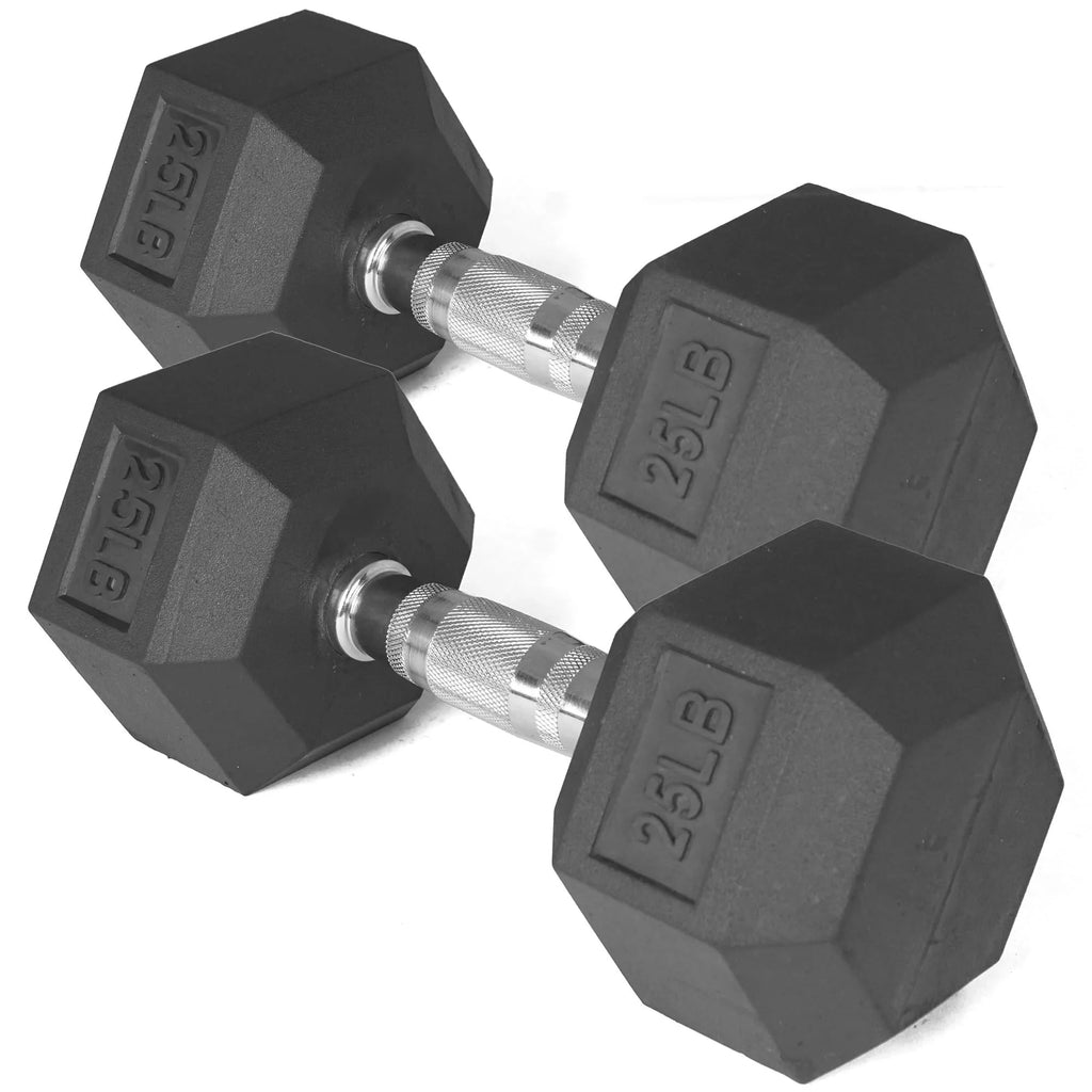 Pair of 25 lb Black Rubber Coated Hex Dumbbells S264531