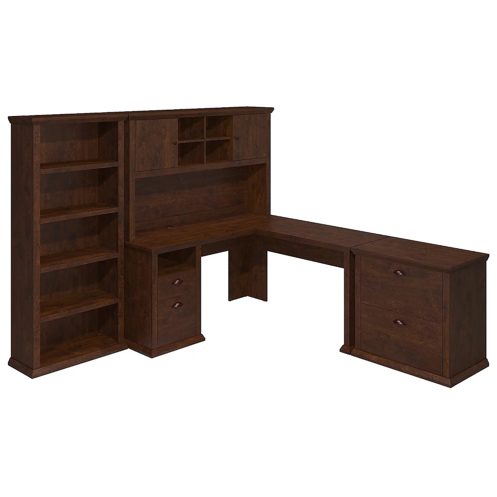 L Desk with Hutch File & Bookcase Antique Cherry Engineered Wood K855031