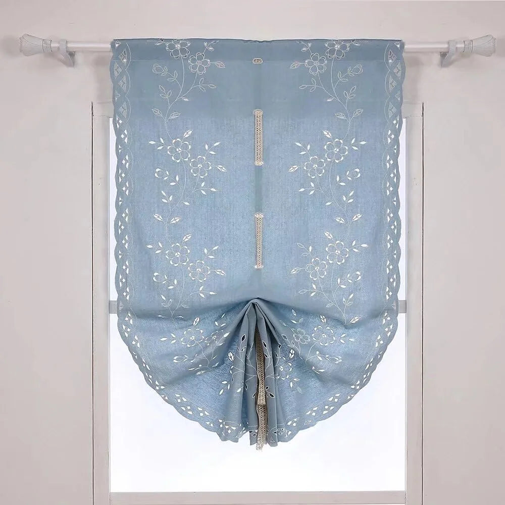 Blue Cotton Crochet Embroidered Roman Shade Curtains 32"x55" F623