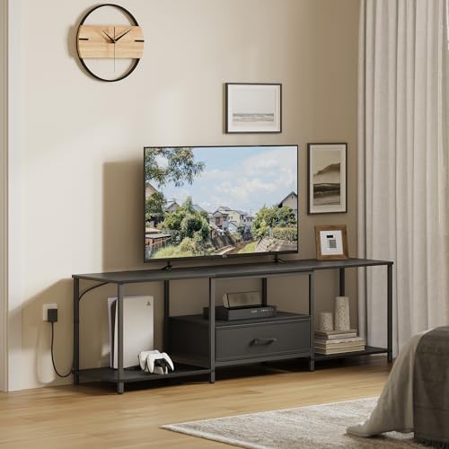 Black TV Stand with Fabric Drawer and Open Shelves F8930