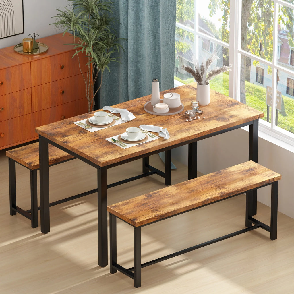 3 Piece Dining Table with 2 Benches Set Black B3272