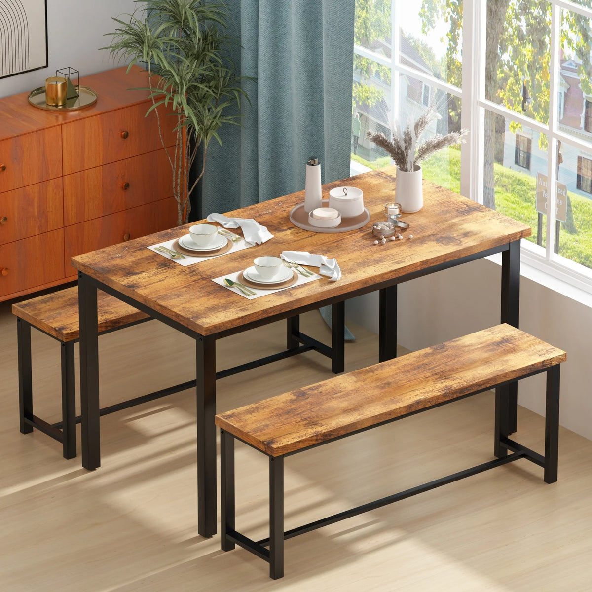 3 Piece Dining Table with 2 Benches Set Black B3272
