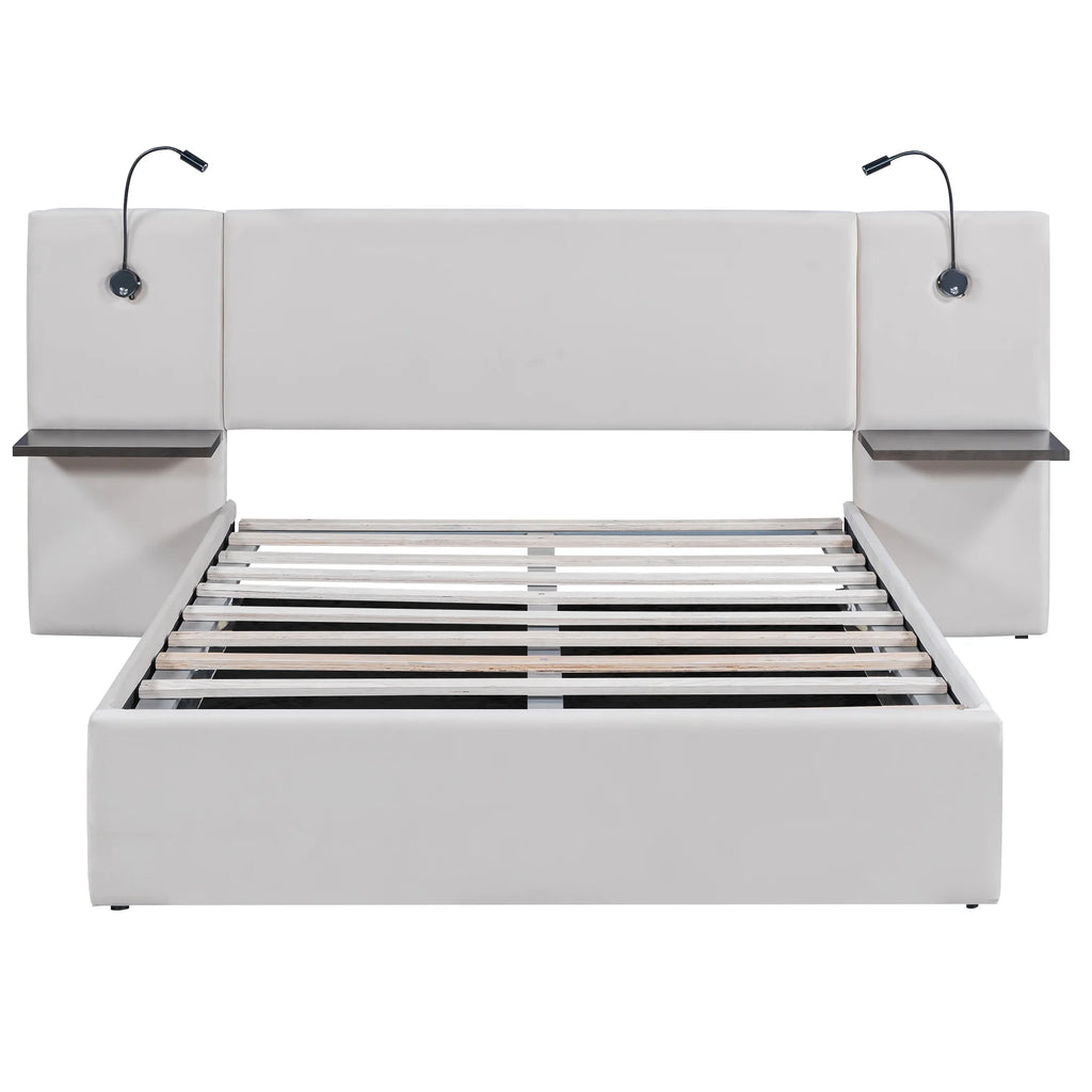 White Upholstered Platform Bed with Lift up Storage and LED Headboard N472174