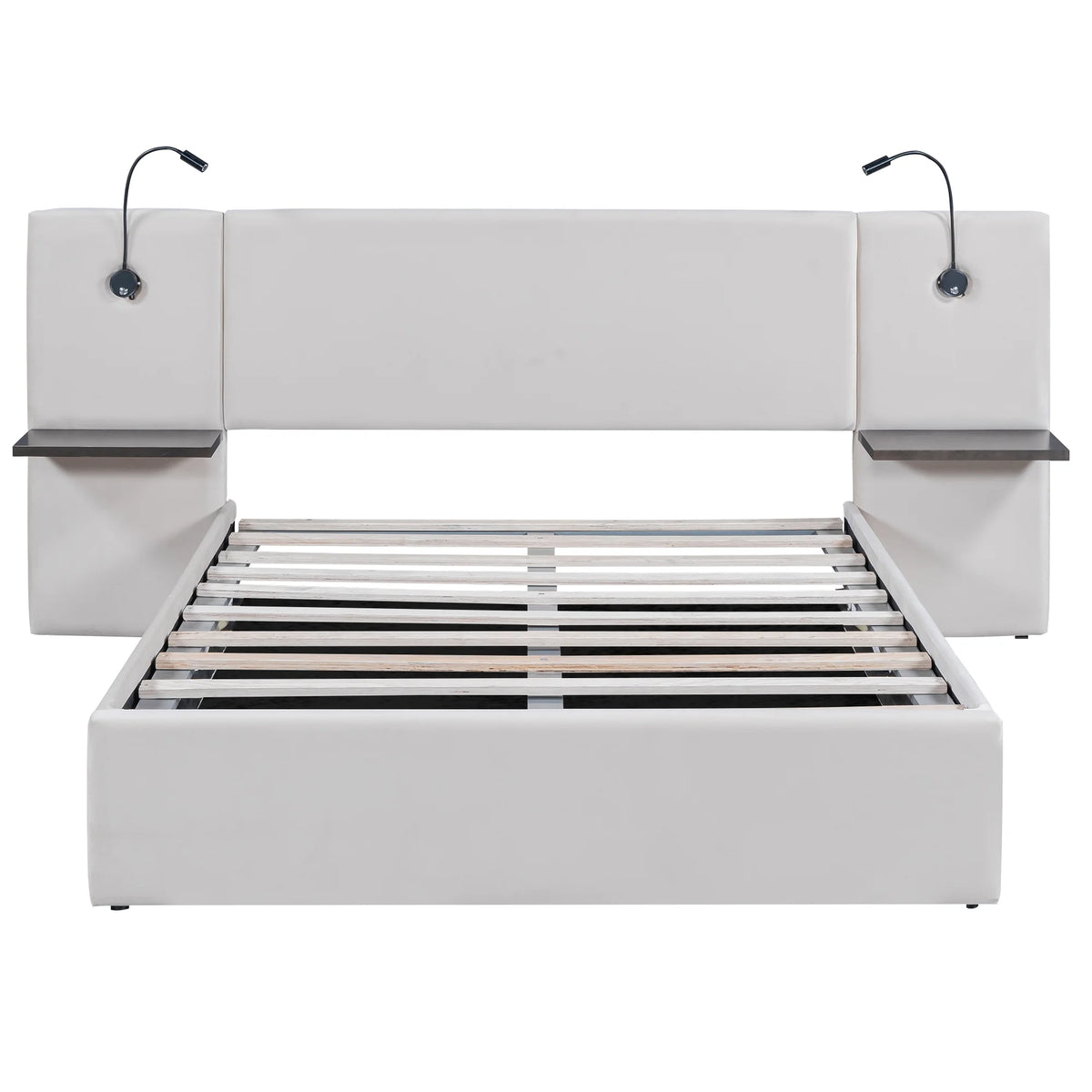 White Upholstered Platform Bed with Lift up Storage and LED Headboard N472174